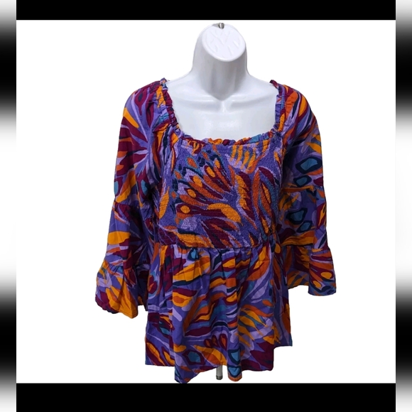 NWT Terra & Sky Smocked Top Womens 14W 3/4 Sleeve Colorful - Picture 1 of 11